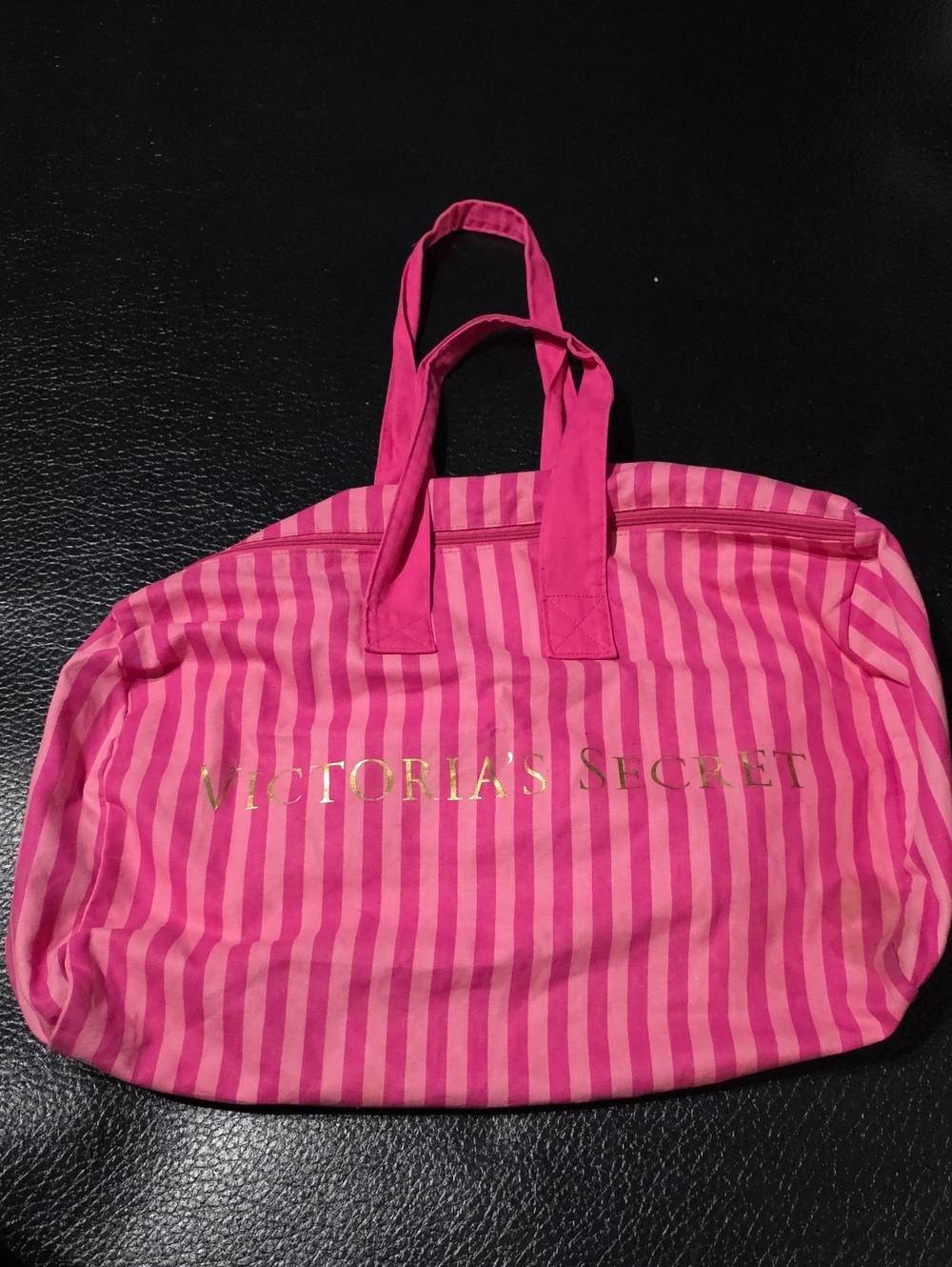 Victoria's Secret Hot Pink Striped Tote with Gold Logo